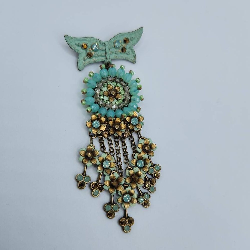 Vtg Michal Negrin Beaded Floral Drop Tassel Brooch Signed Blue Hues Gold-tone OS